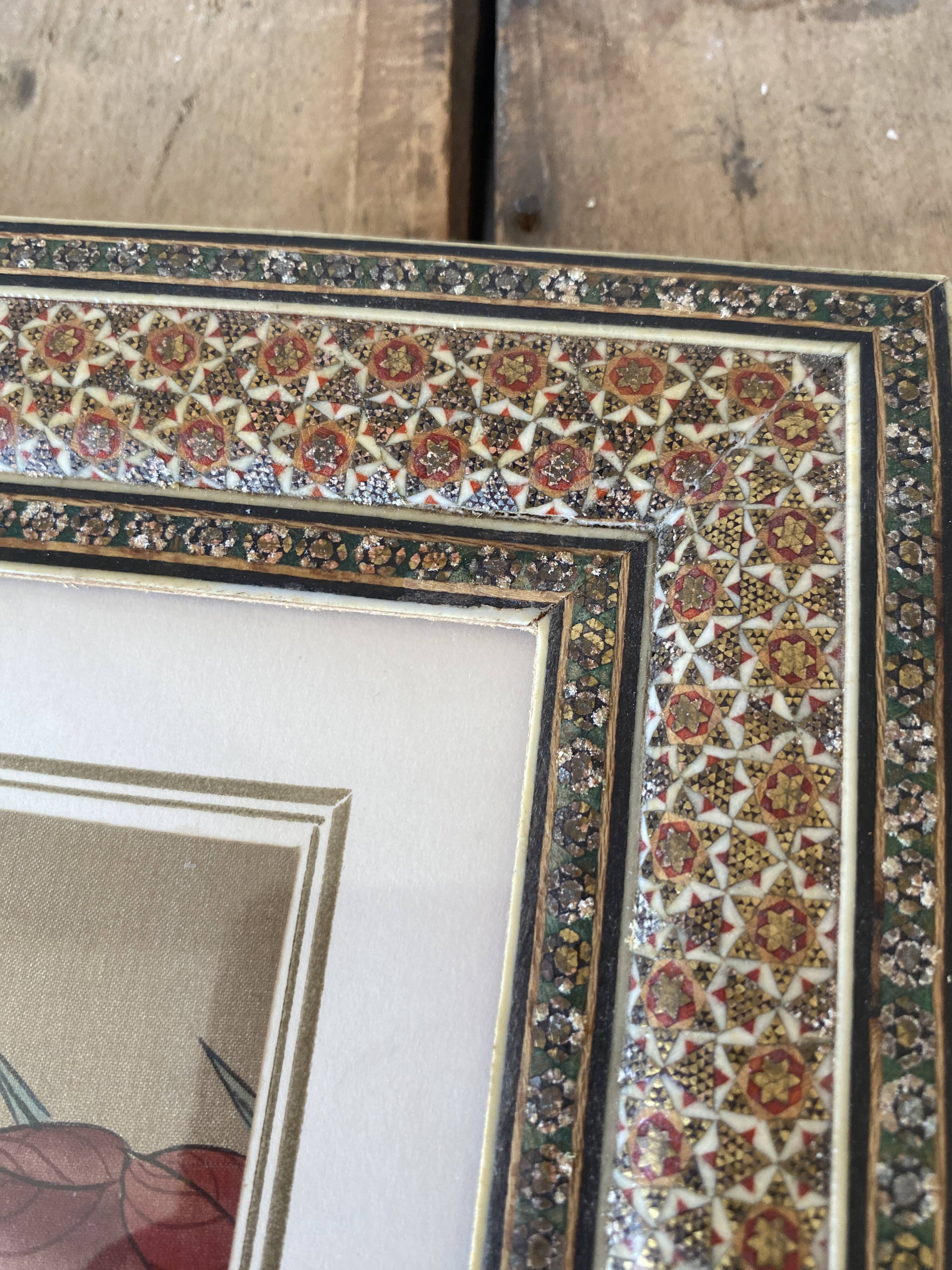 Ornithological painting, marquetry frame