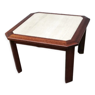 Table basse vintage bois et travertin