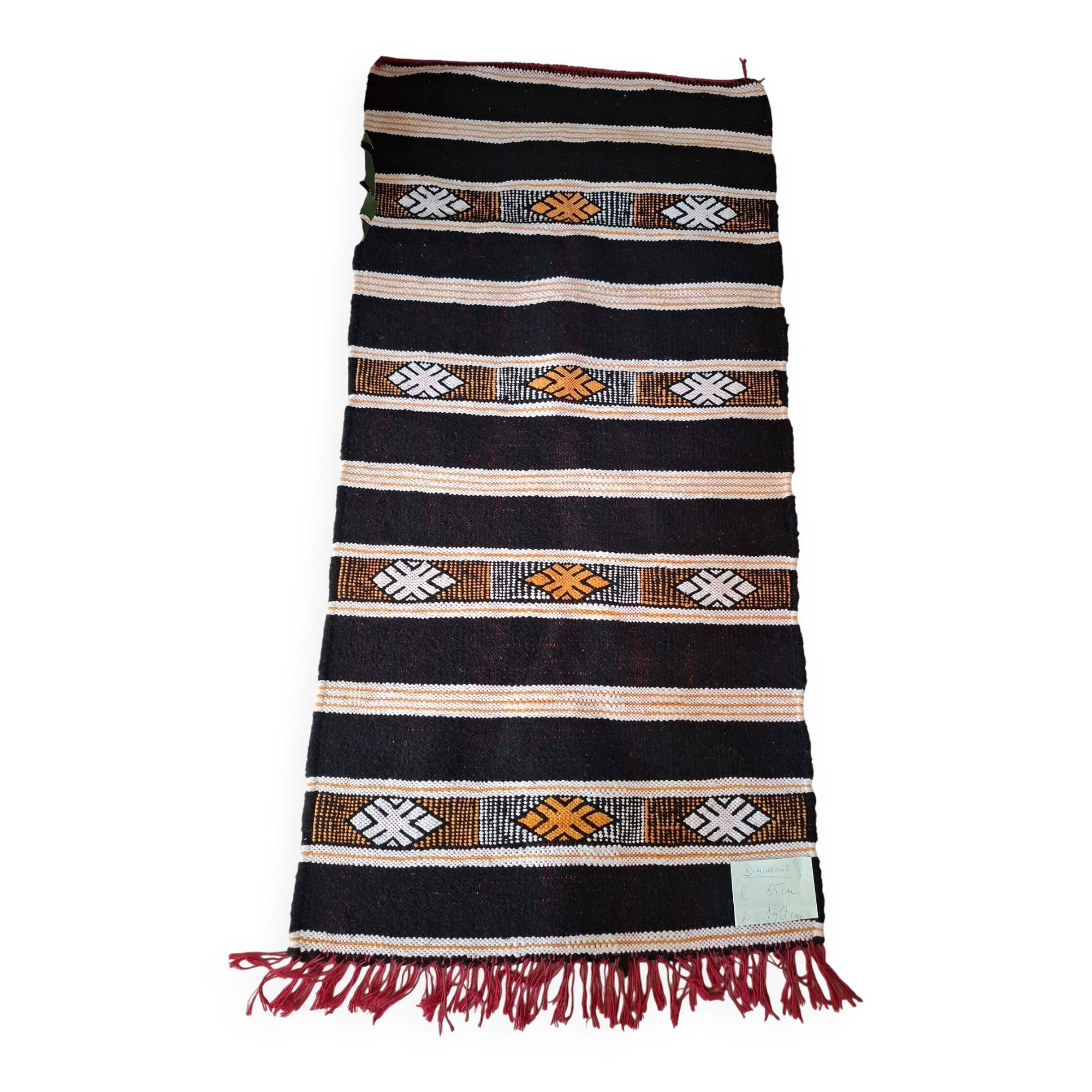 Small Black & Saffron Berber Kilim – Flat Weave Hanbel – 65x140 cm