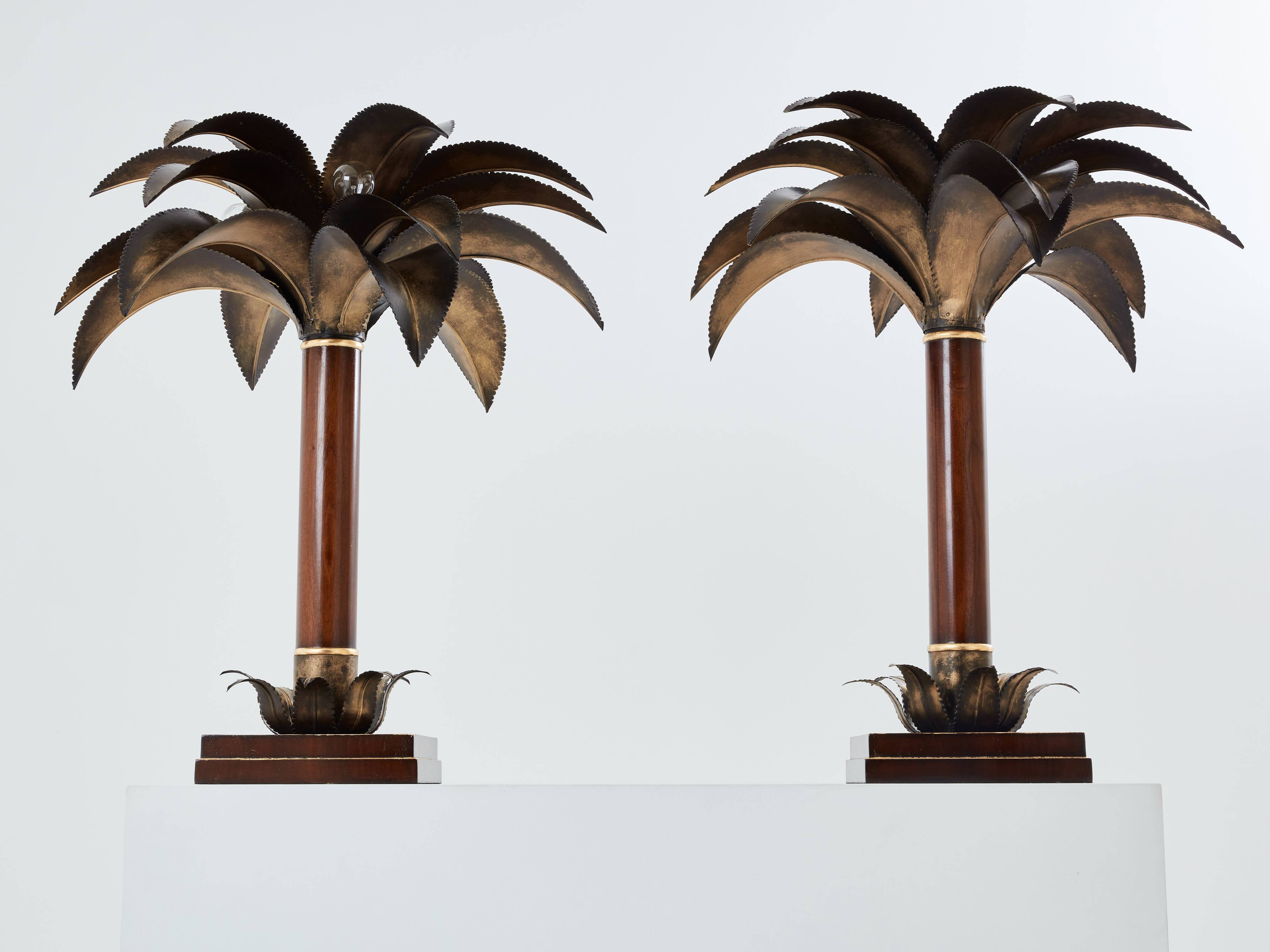 Maison Jansen style pair of bronze mahogany palm tree lamps 1960s