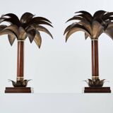 Maison Jansen style pair of bronze mahogany palm tree lamps 1960s