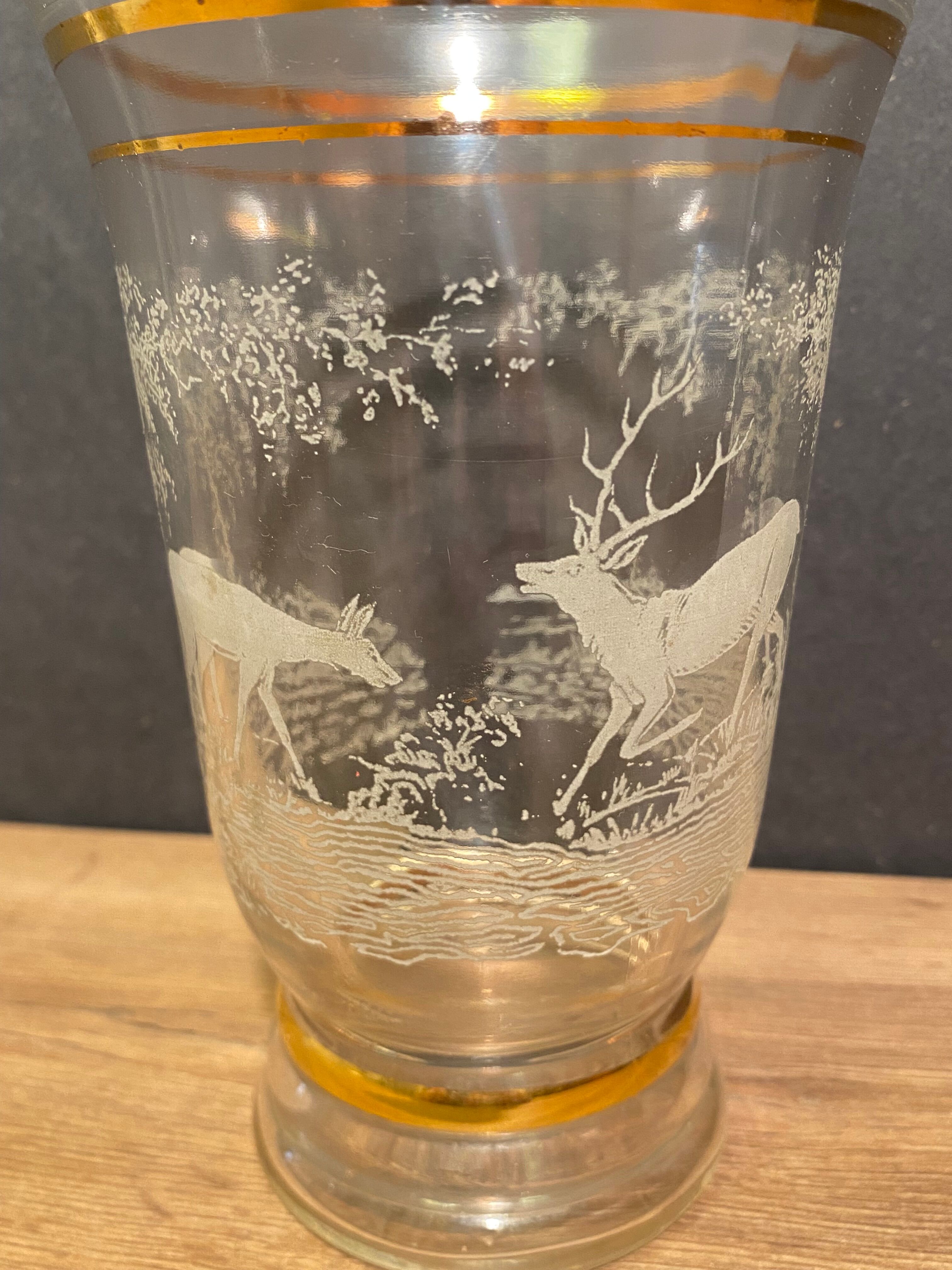 Glass vase with deer engraved decoration early twentieth century