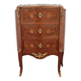 Curved chest of drawers with 3 marquetry drawers and marble top