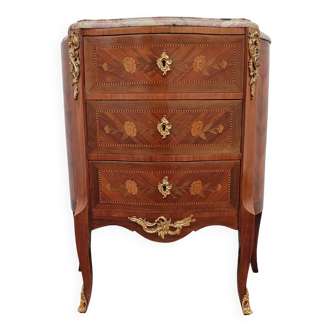 Commode galbée 3 tiroirs en marqueterie et plateau en marbre