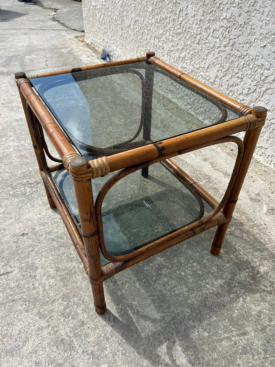 Small bamboo table and glass top