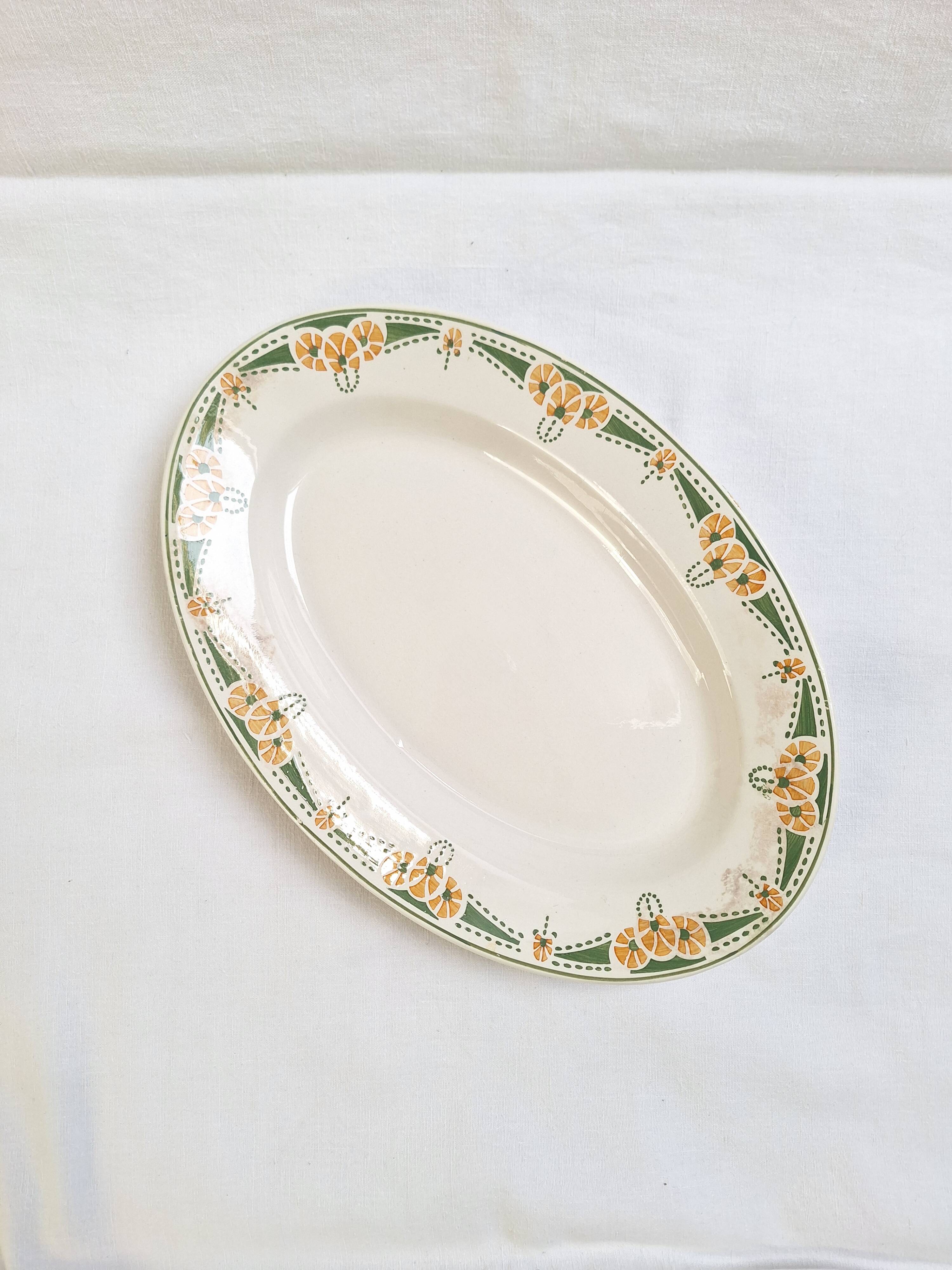 Plat ovale Longwy art déco vert et orange