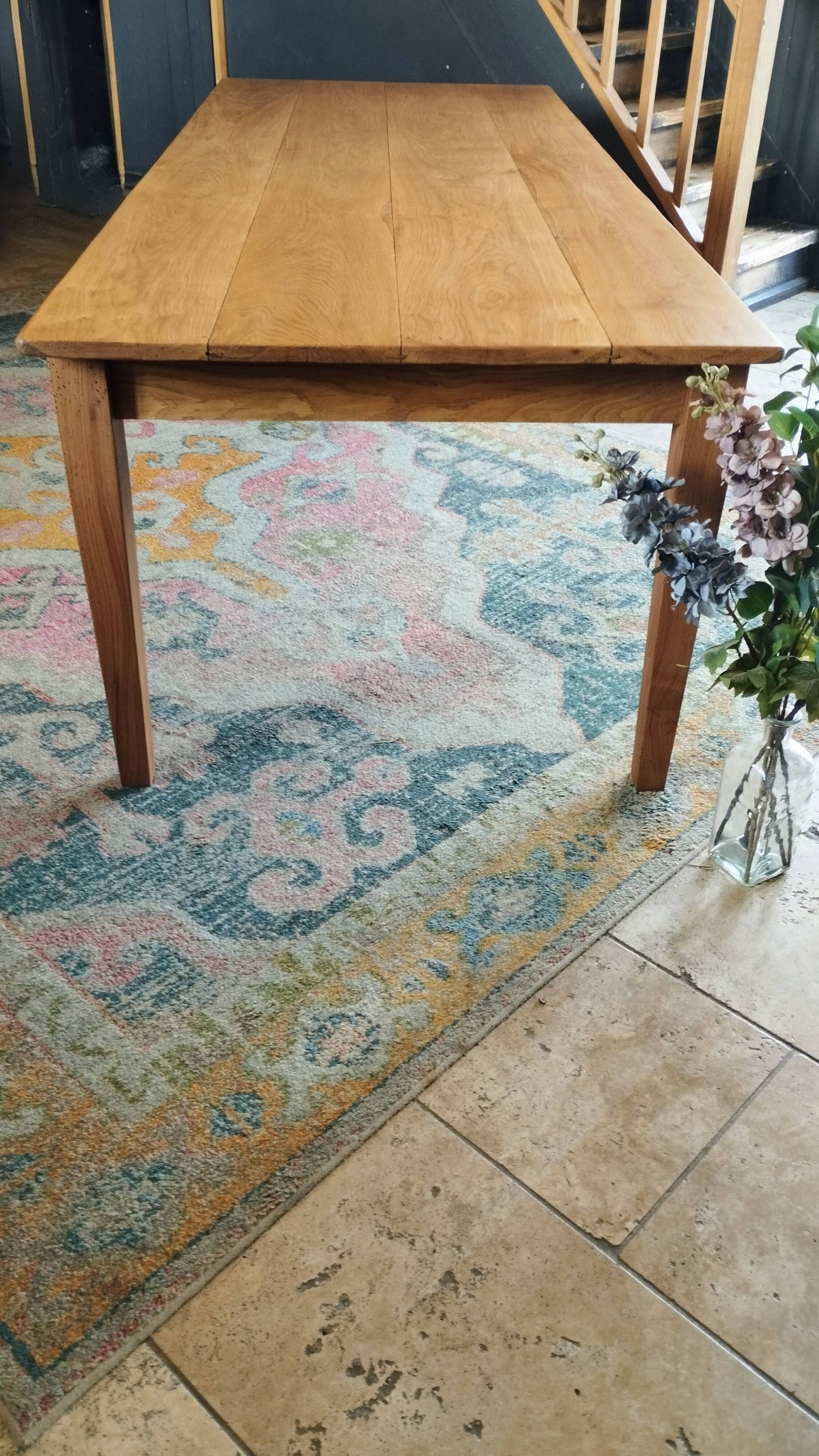 Solid oak farmhouse table, gilded and patinated, two drawers, 260 x 100 cm