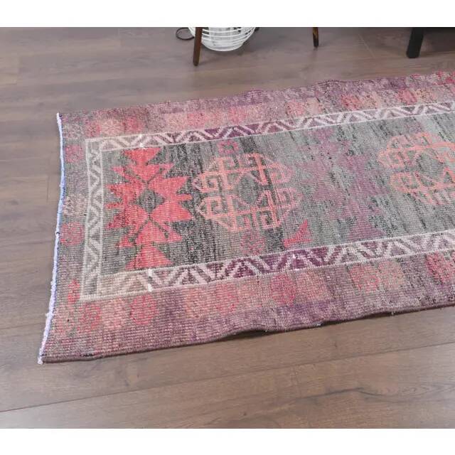 1970s vintage Turkish hand-knotted wool cotton red runner rug 91x354