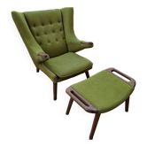Vintage Papa Bear armchair and footstool in green and oak terry fabric