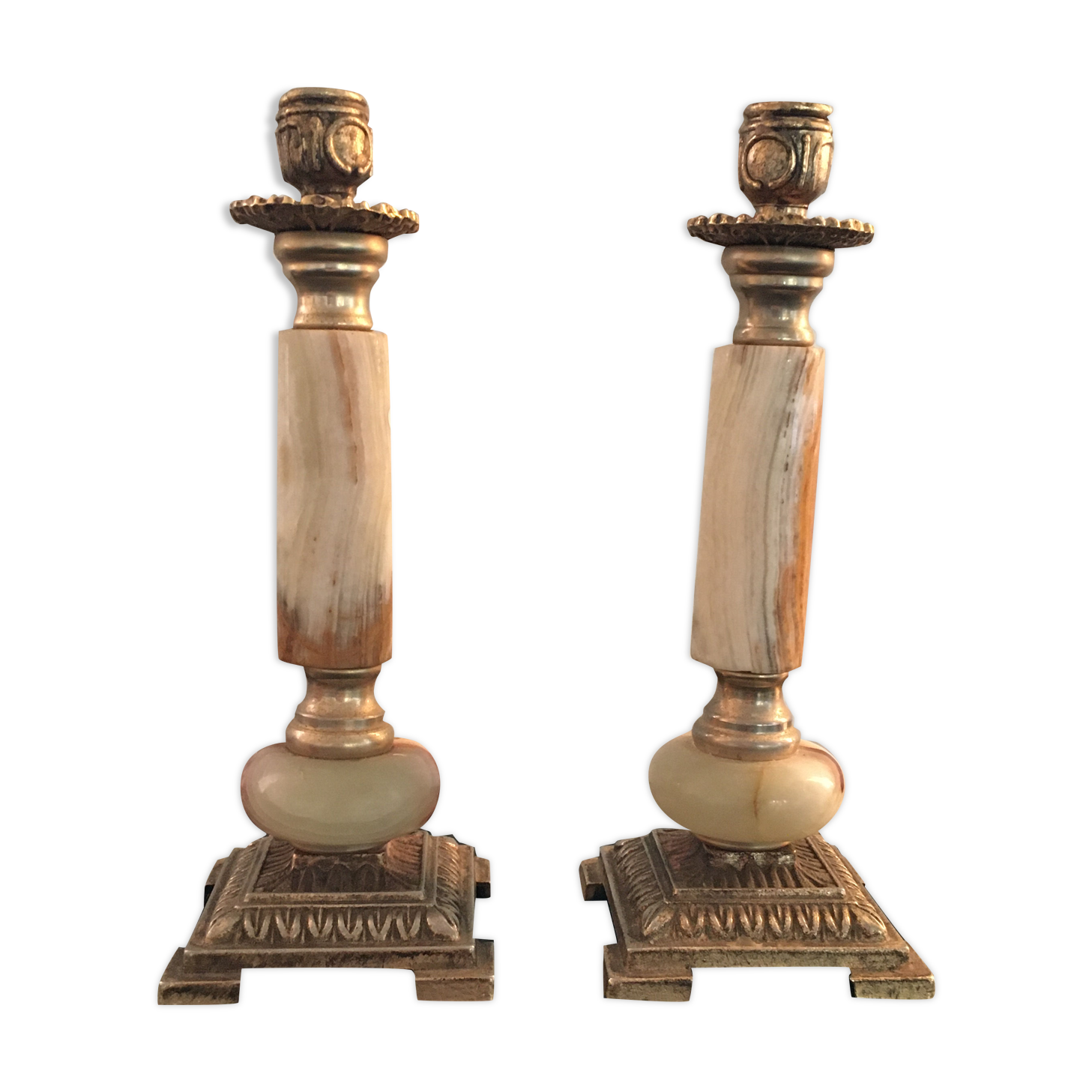 Pair of alabaster and brass candle holders