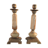 Pair of alabaster and brass candle holders
