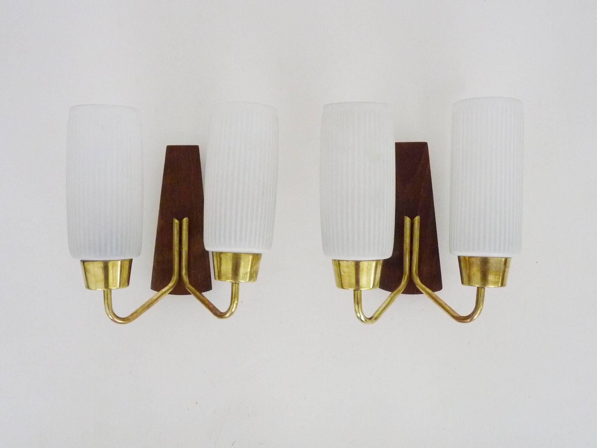 Pair of Scandinavian wall sconces in teak, brass and opaline glass globe