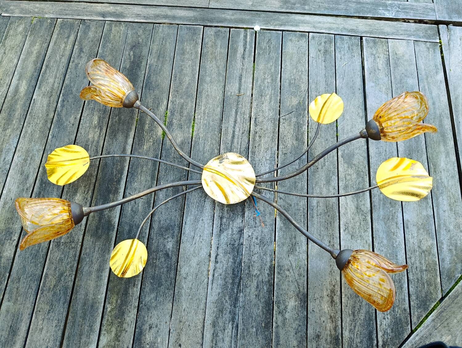 Wrought iron ceiling light with 4 arms & amber tulips | Luce Più Italy