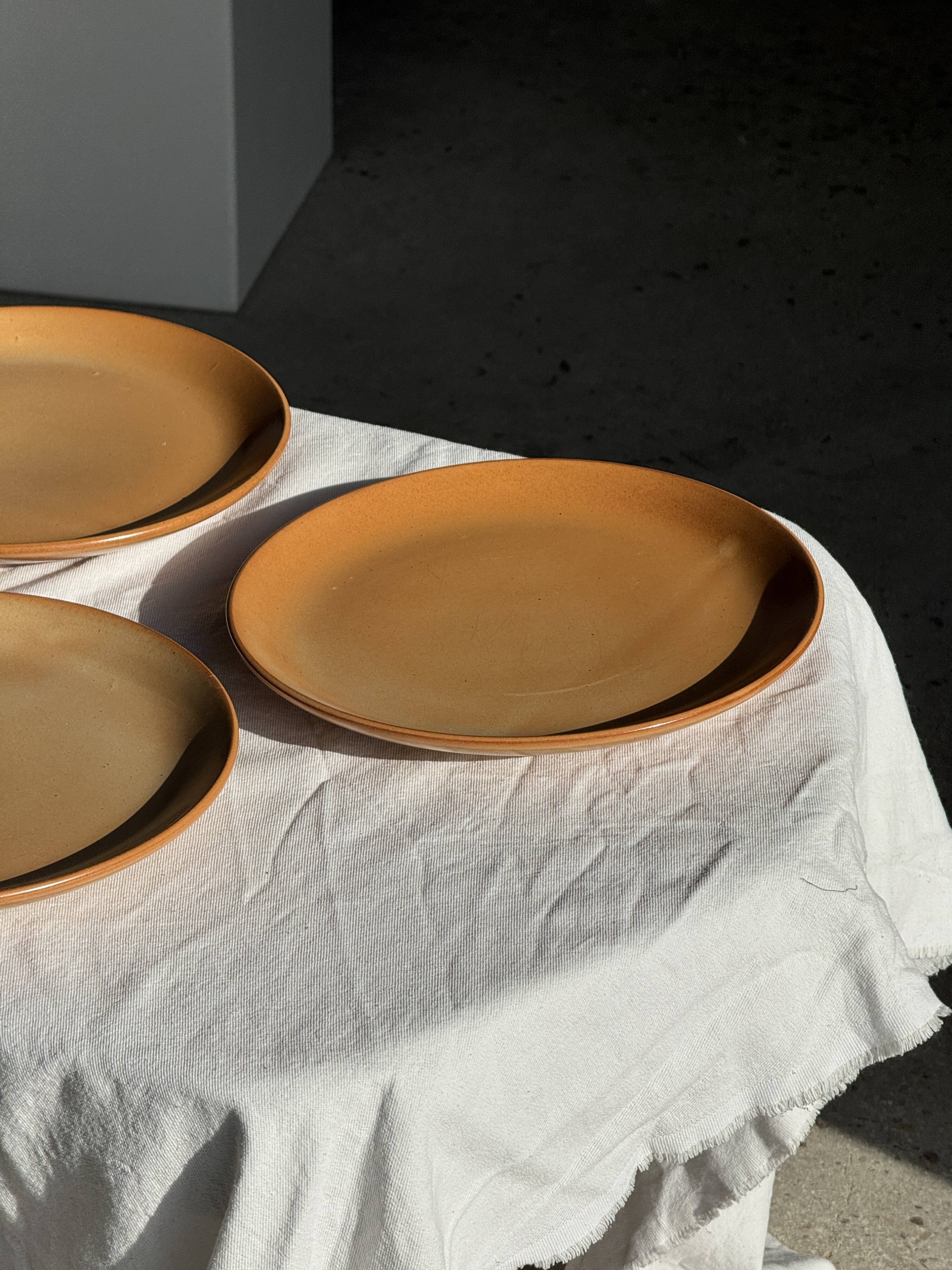 Set of 4 flat dinner plates in stoneware, no brand underneath.