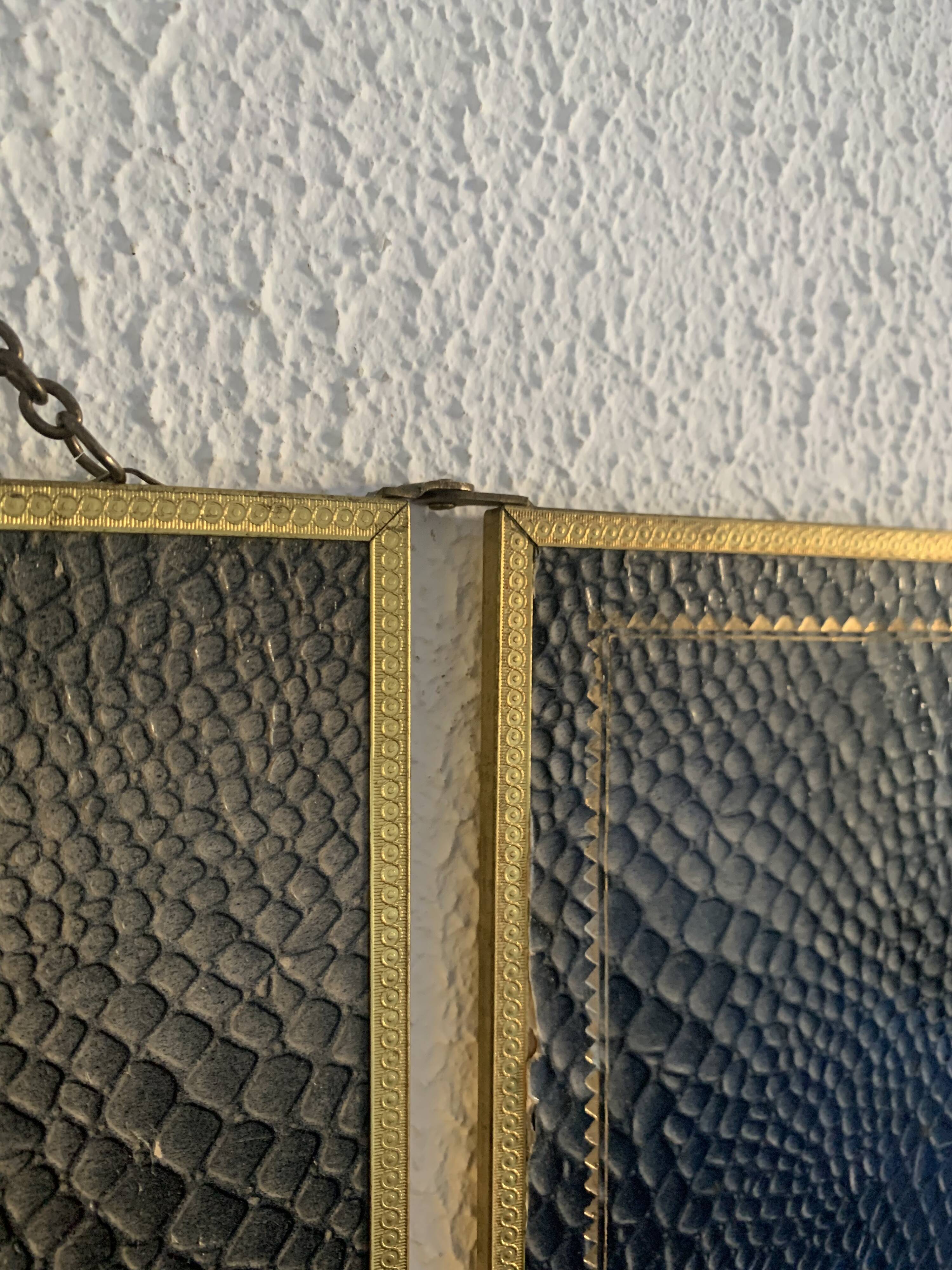 Vintage 1900 triptych mirror, golden barber woman - 27 x 67 cm