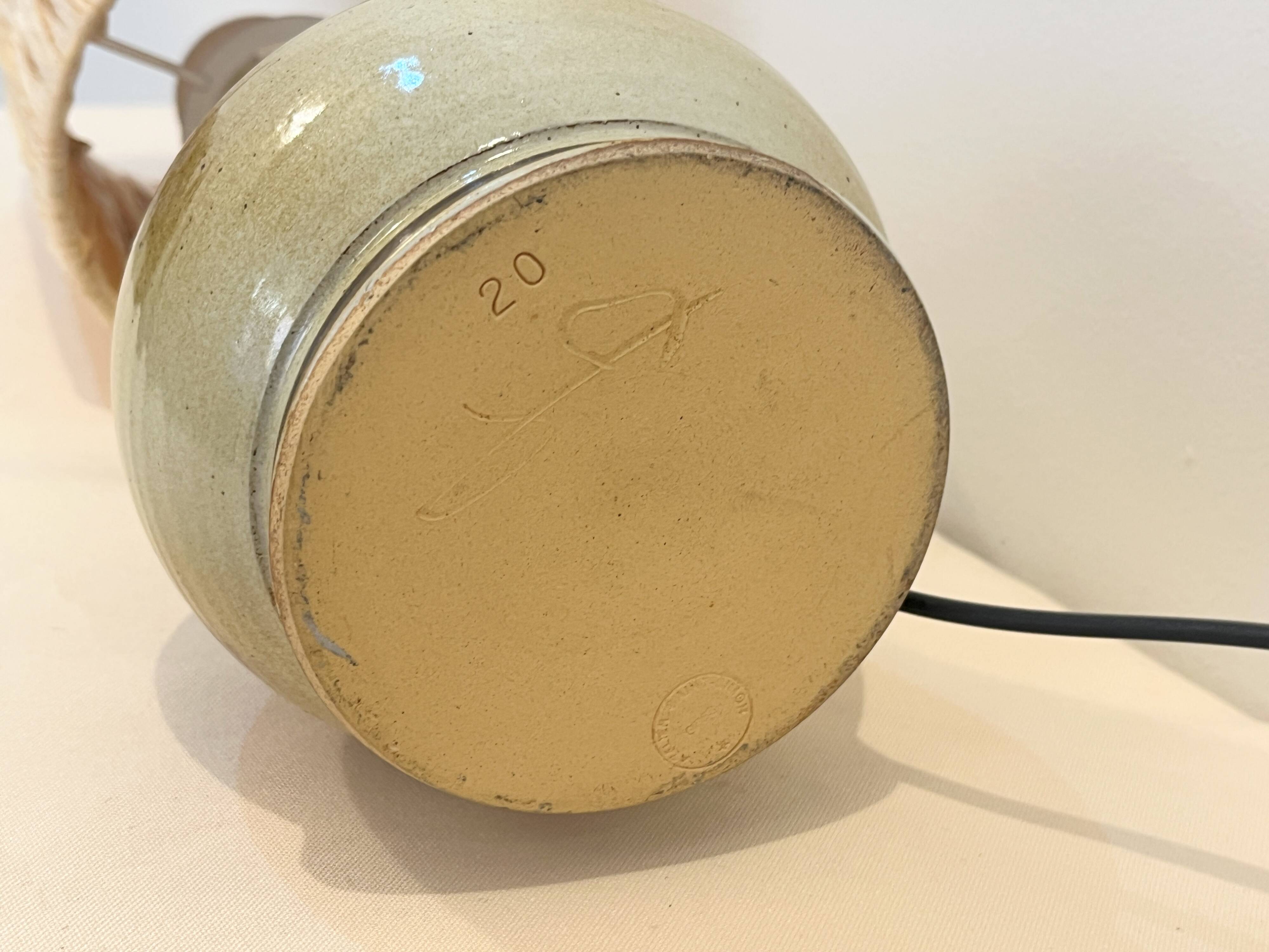 Vintage stoneware lamp signed beige brown raffia rope lampshade 1970