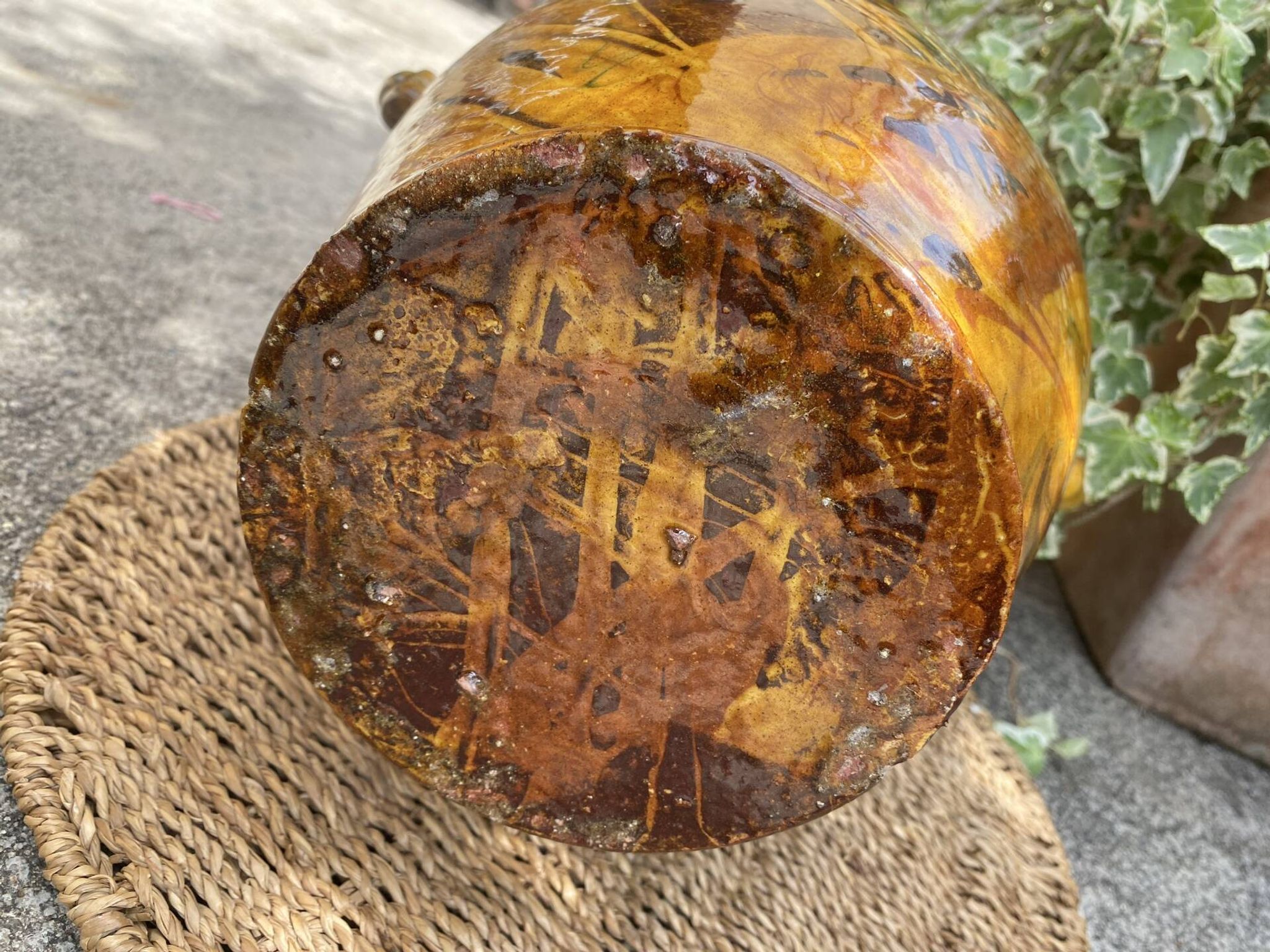 Ancient large vase in glazed speckled terracotta