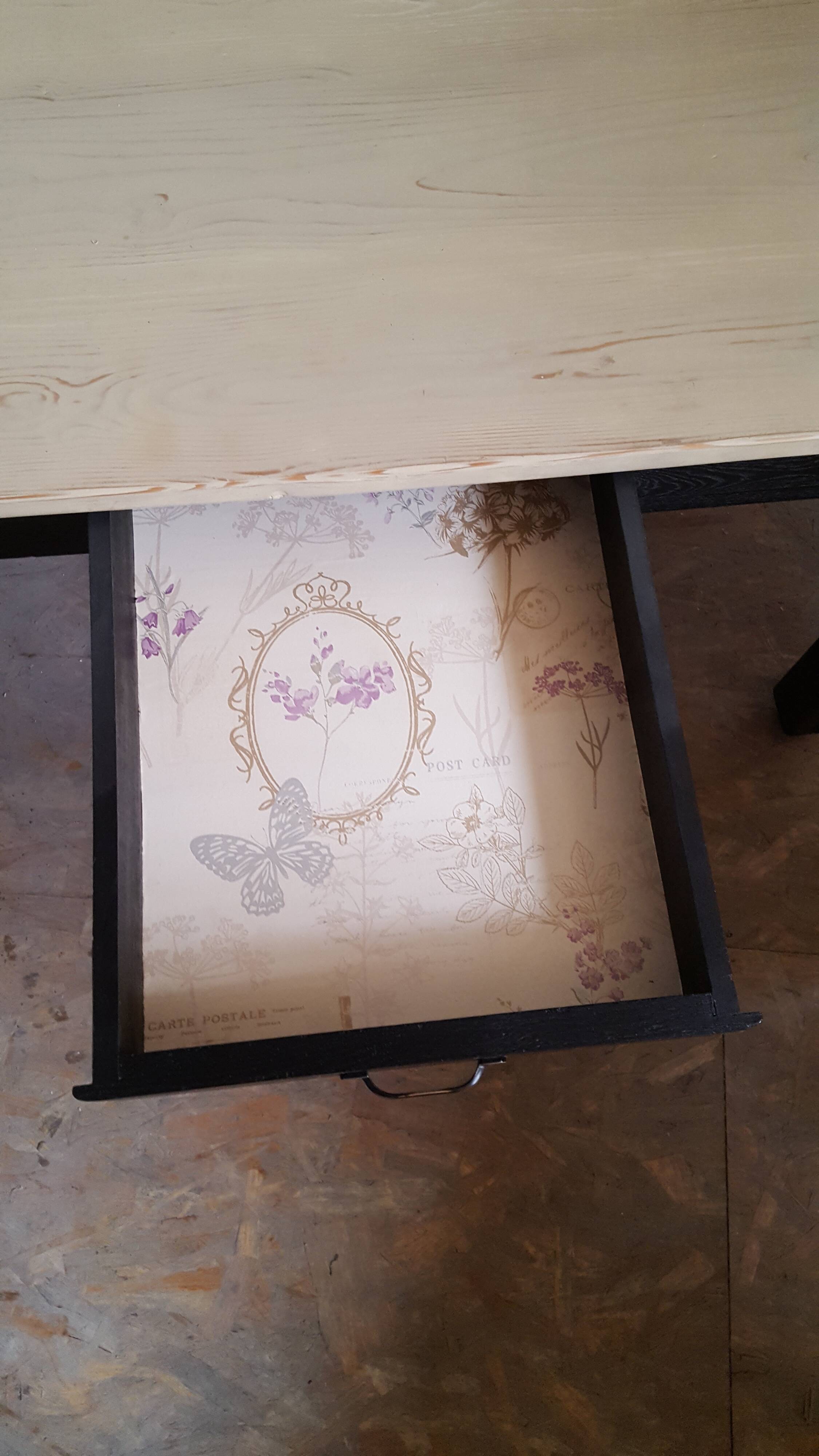 Farm table, dining, oak and pine patinated black and pale yellow