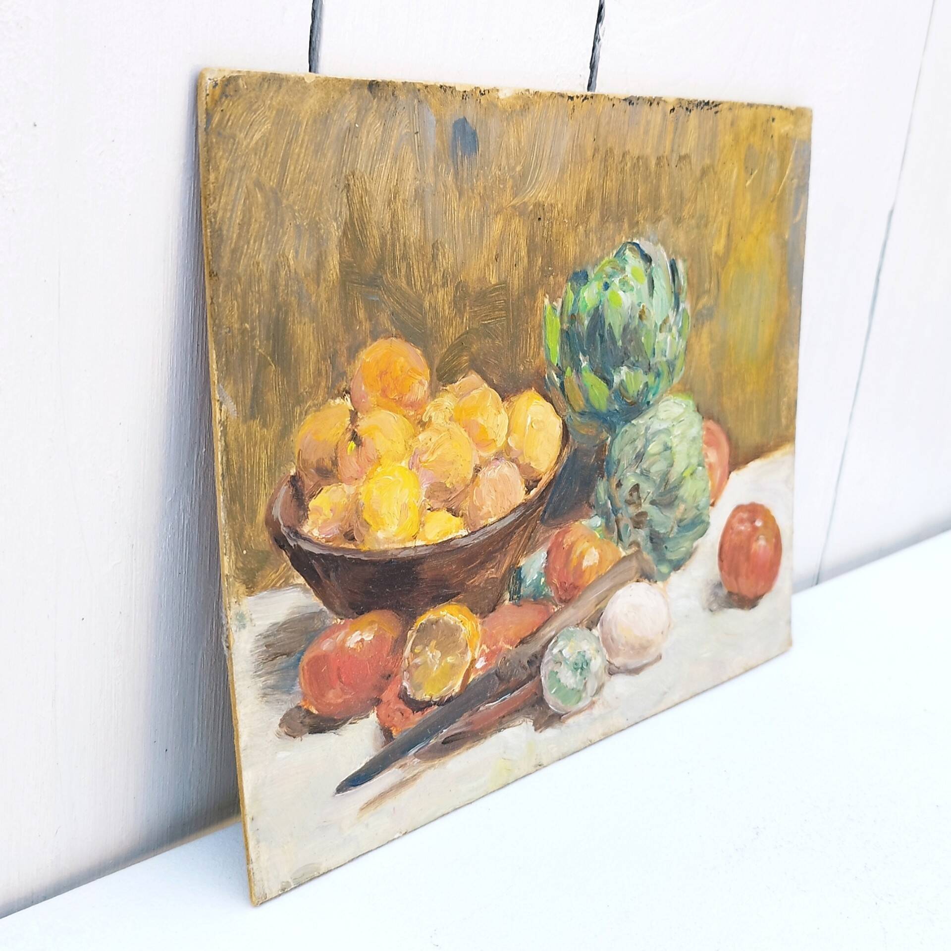 Tableau à la gouache nature morte aux artichauts