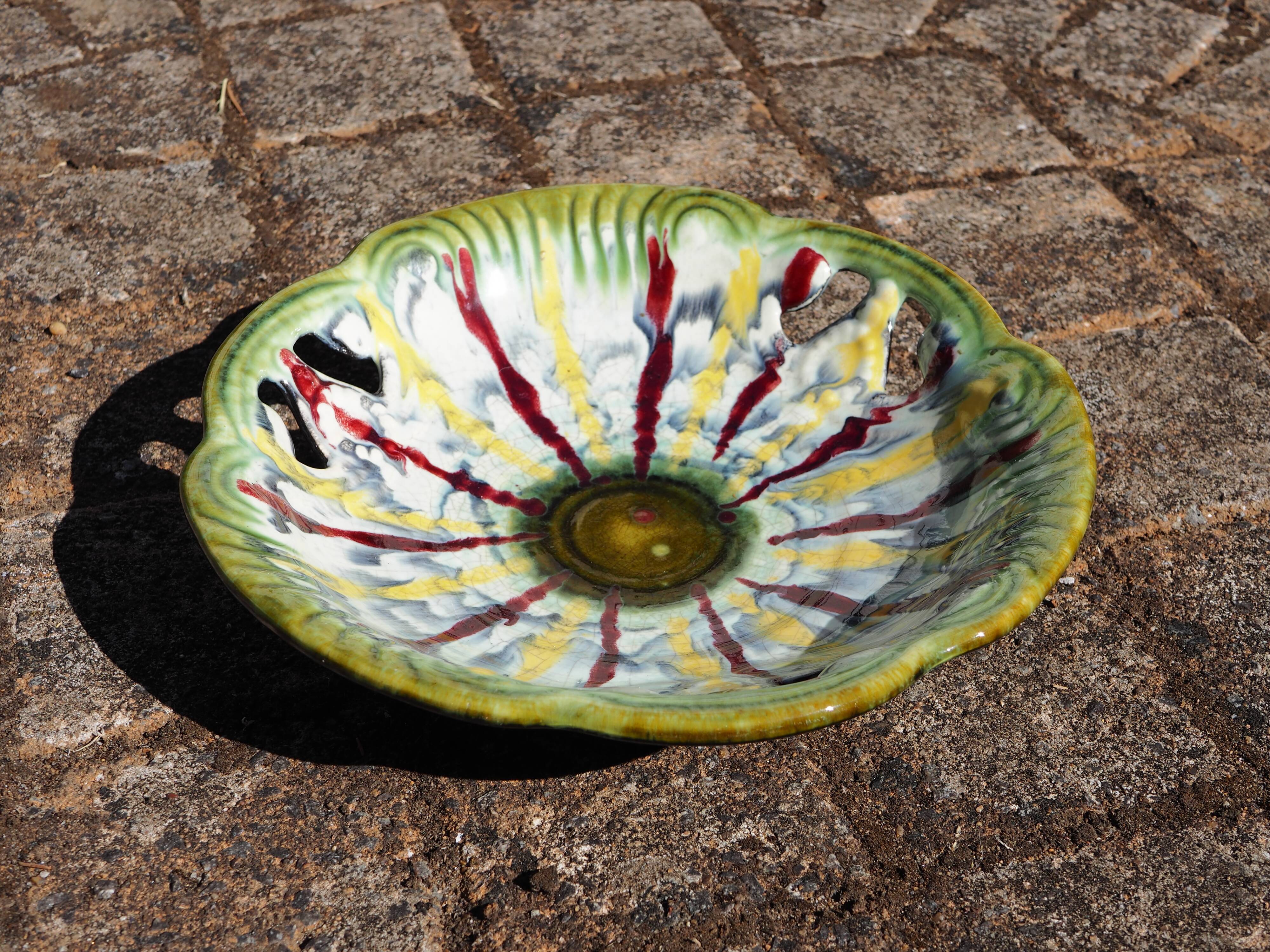 Coupe à fruit ajourée à coulures jaunes et rouges - Fat lava, West Germany - années 70