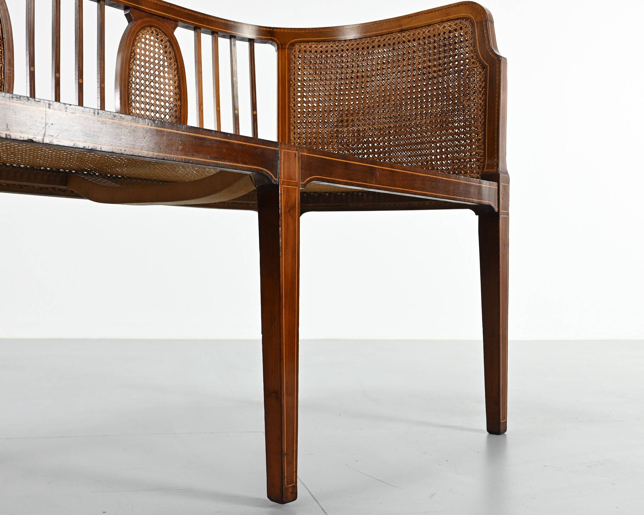 Vintage caned basket bench, 1950s