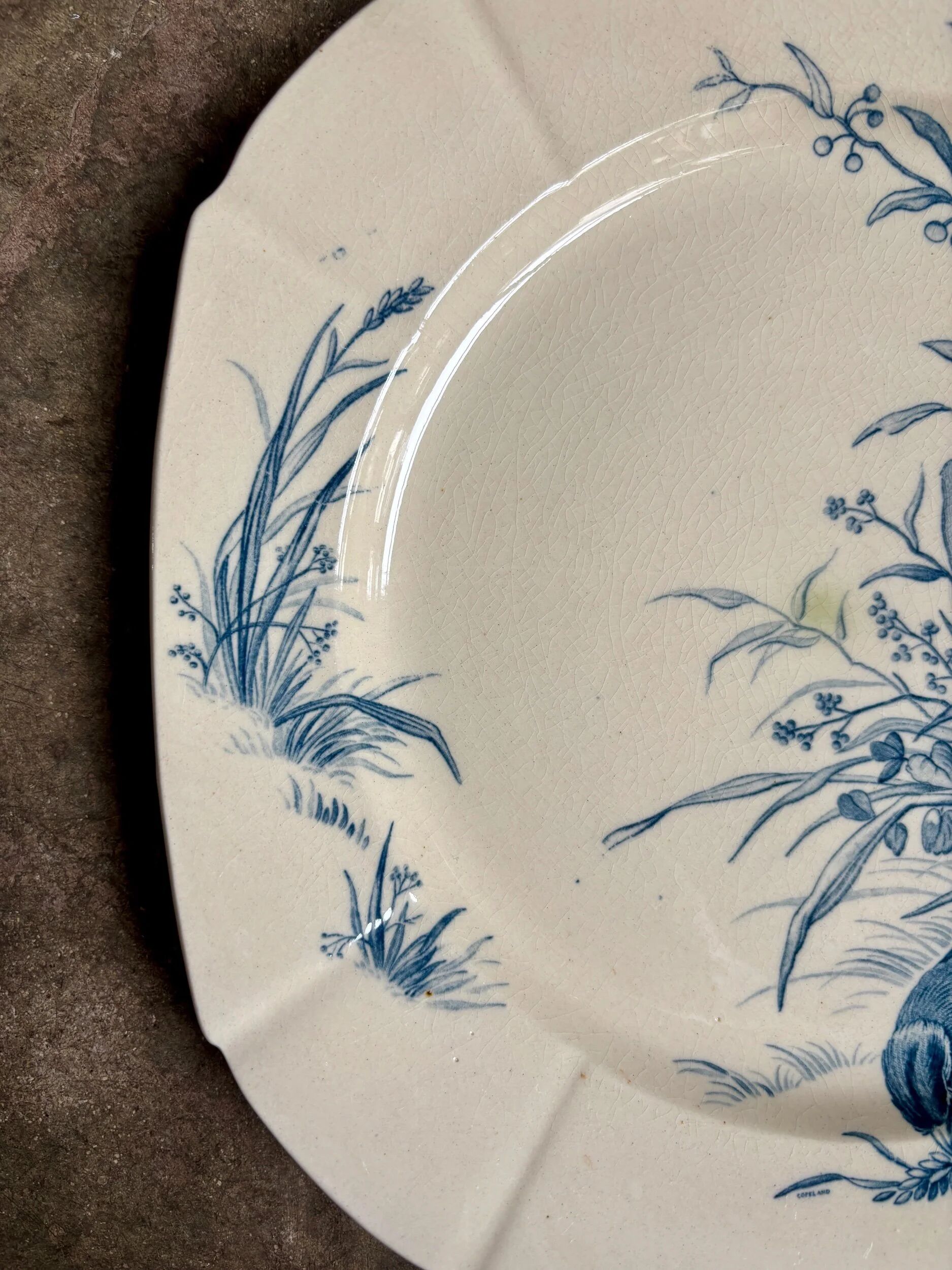 Blue ironstone plate from Gien, "Birds" service, circa 1870, no. 2.