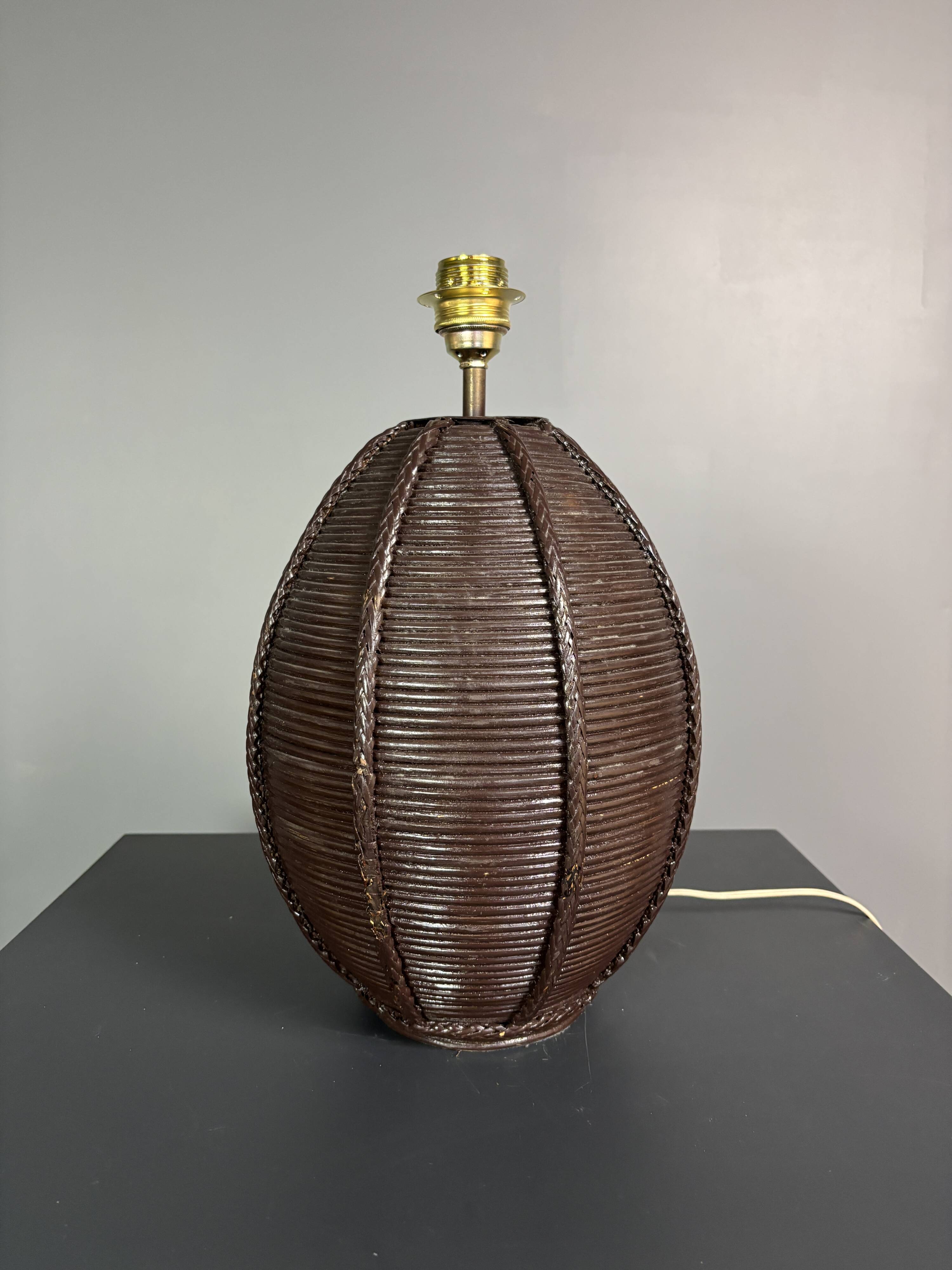 Lampe de table extra large en rotin à tige de crayon avec abat-jour en forme de champignon, années 1970