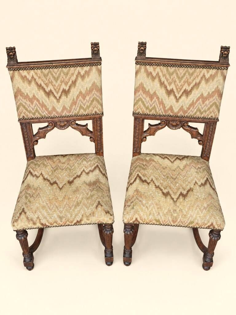 Pair of Dining Chairs, Pair of Carved Gothic Chairs, Renaissance Chairs set