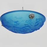 Ancien lustre, suspension vasque Art Déco 1 Feu, en pâte de verre bleu.