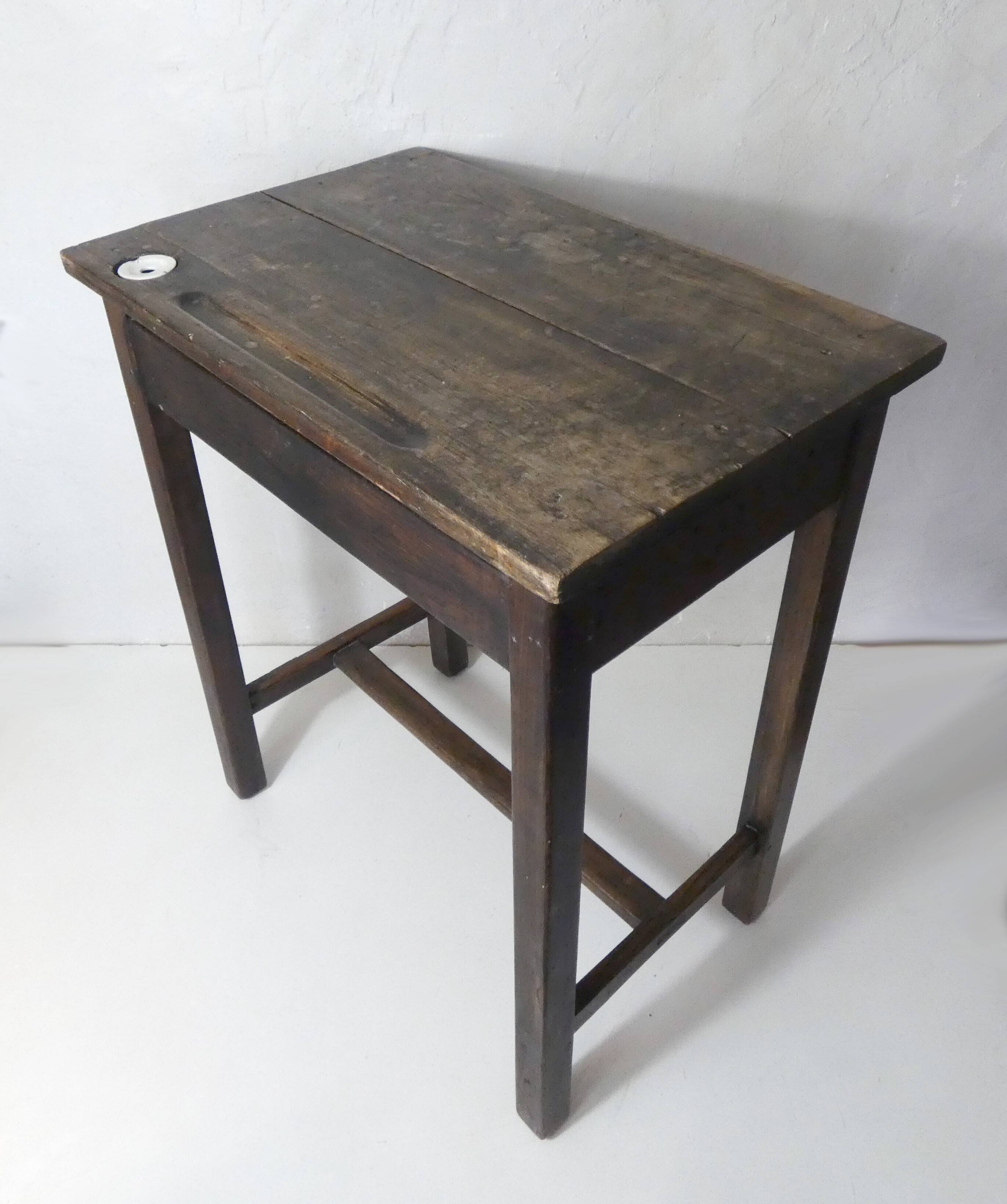 Old children's desk + vintage porcelain inkwell