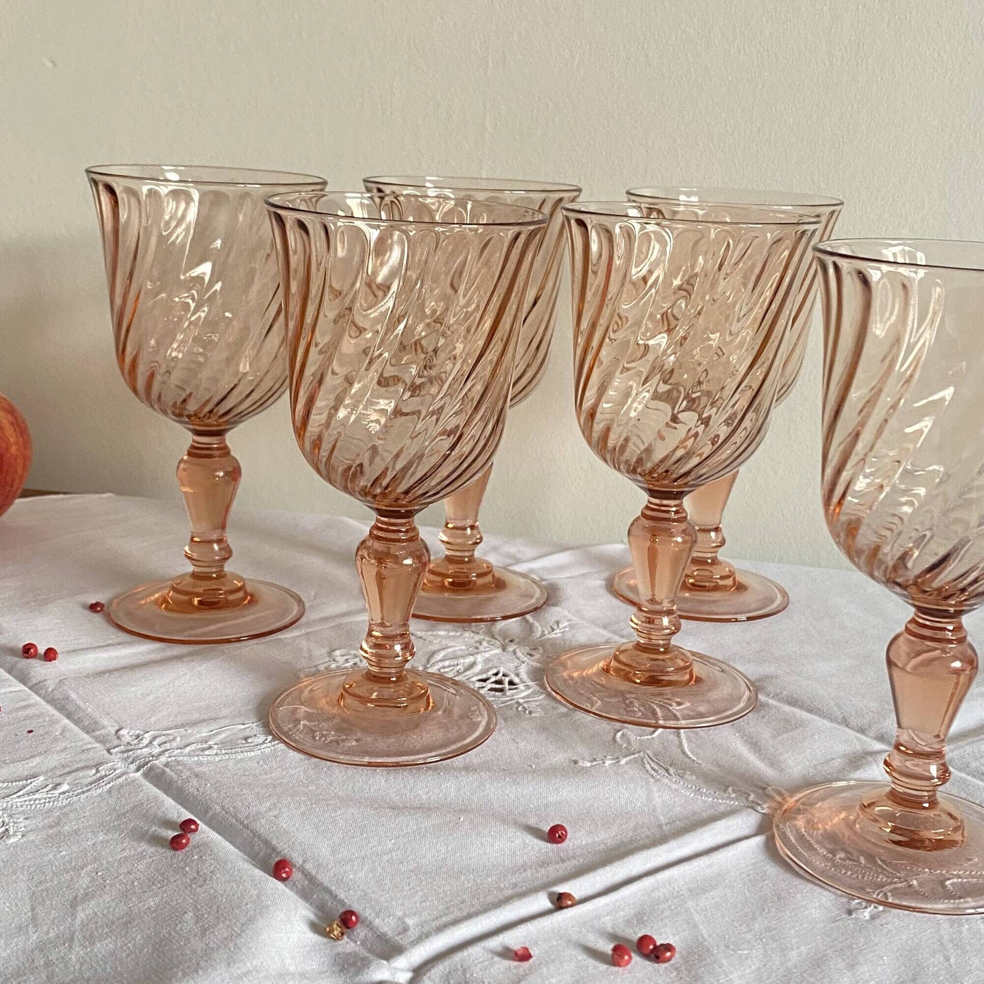6 vintage pink wine and water glasses, Rosaline Luminarc France tableware