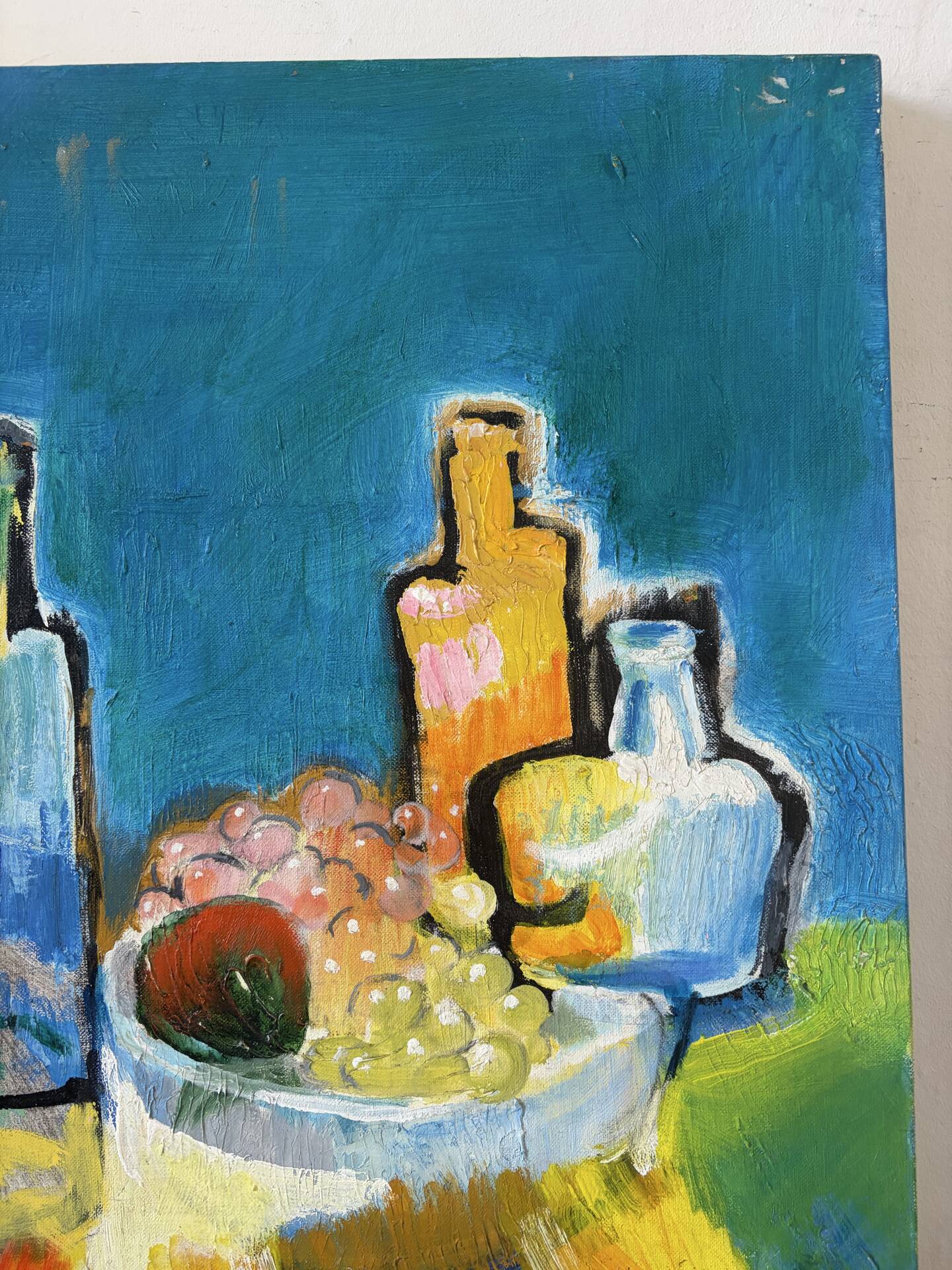 Still life with bottles, oil on canvas signed Miguel Anibal 1989