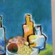 Still life with bottles, oil on canvas signed Miguel Anibal 1989