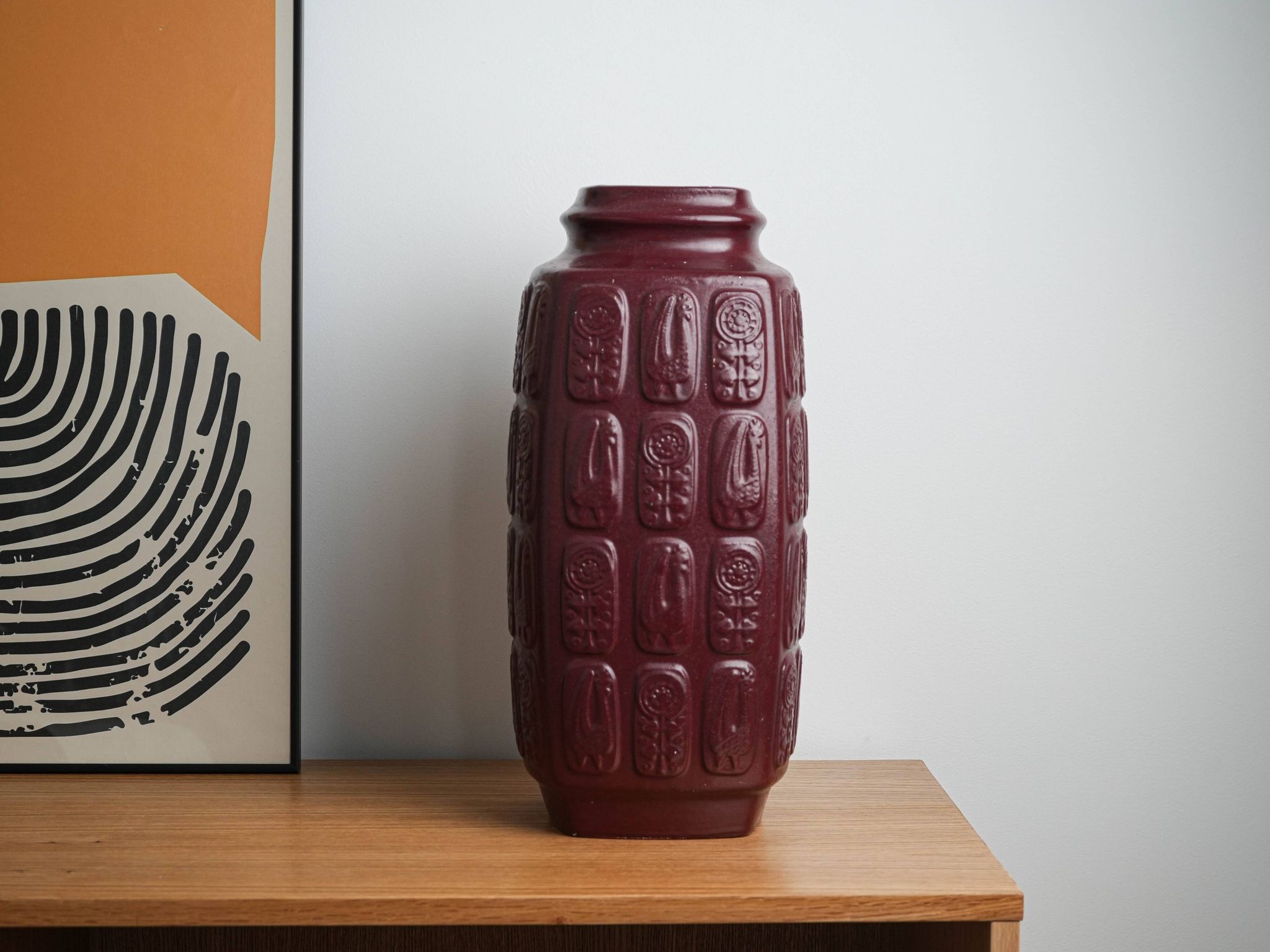 Bay Keramik ceramic vase with floral relief, burgundy glaze, Germany, 1970s