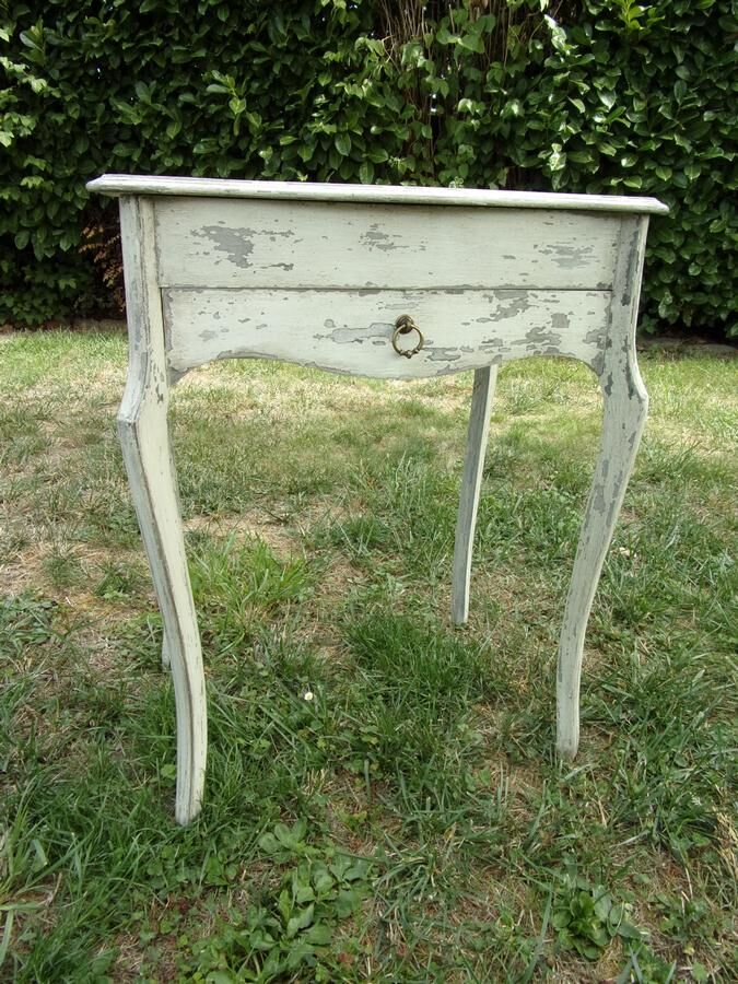 Small side table with walnut storage, patinated white shabby chipped