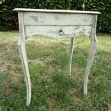 Small side table with walnut storage, patinated white shabby chipped