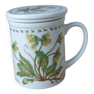 Floral cup with tea filter and lid ceramic herbal teapot wild yellow flowers