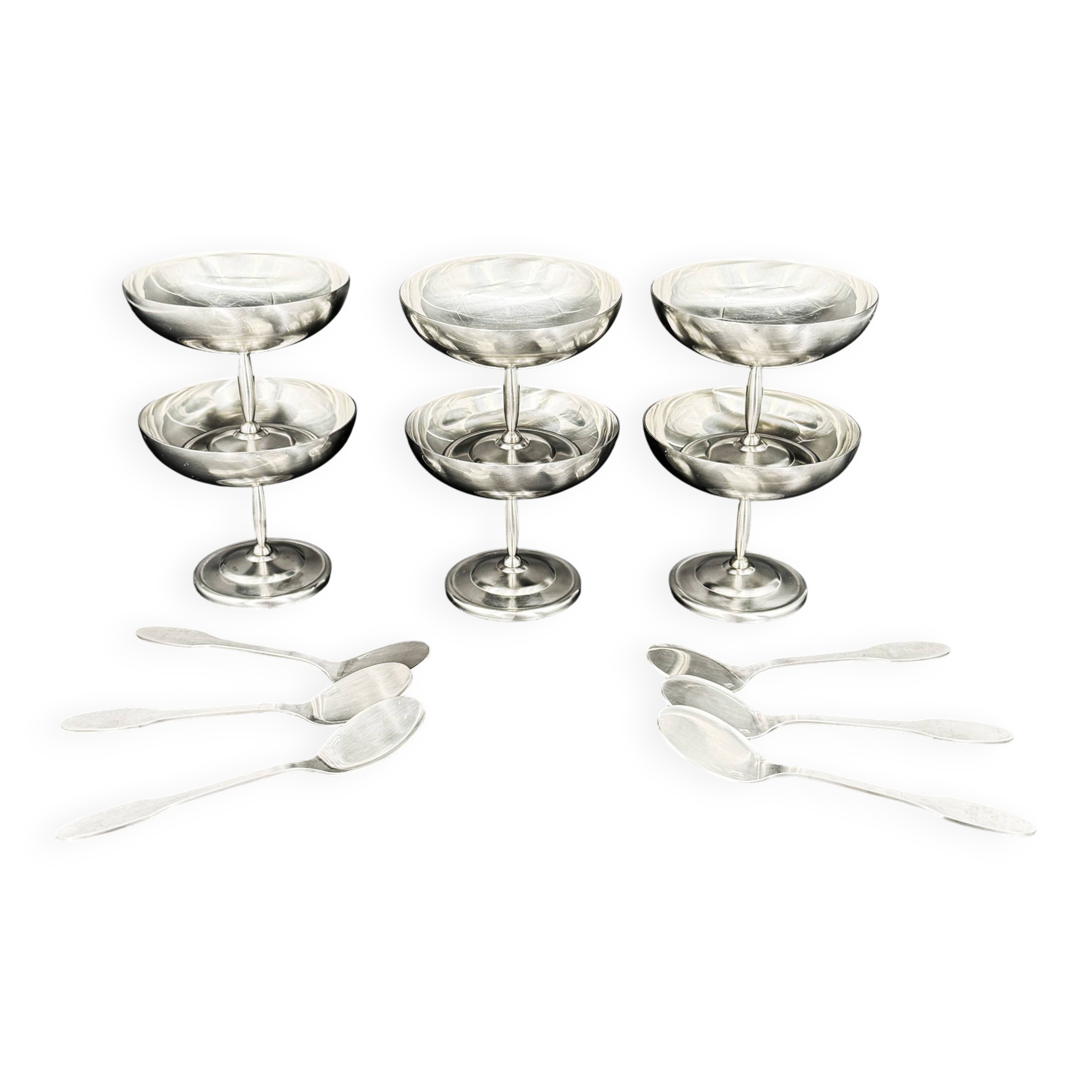 6 stainless steel dessert bowls + spoons – Jean Couzon France