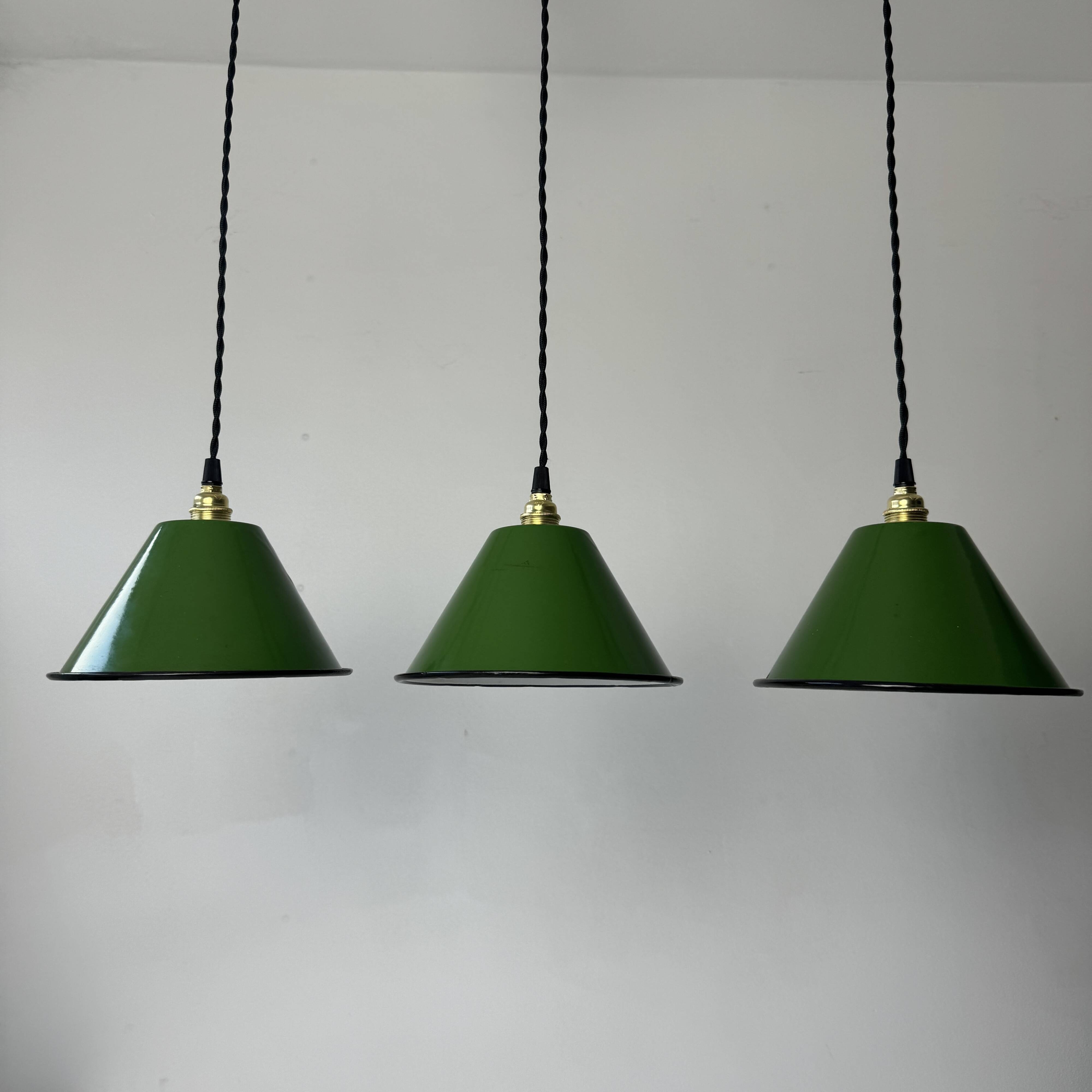 Set of 3 enamelled conical industrial pendants