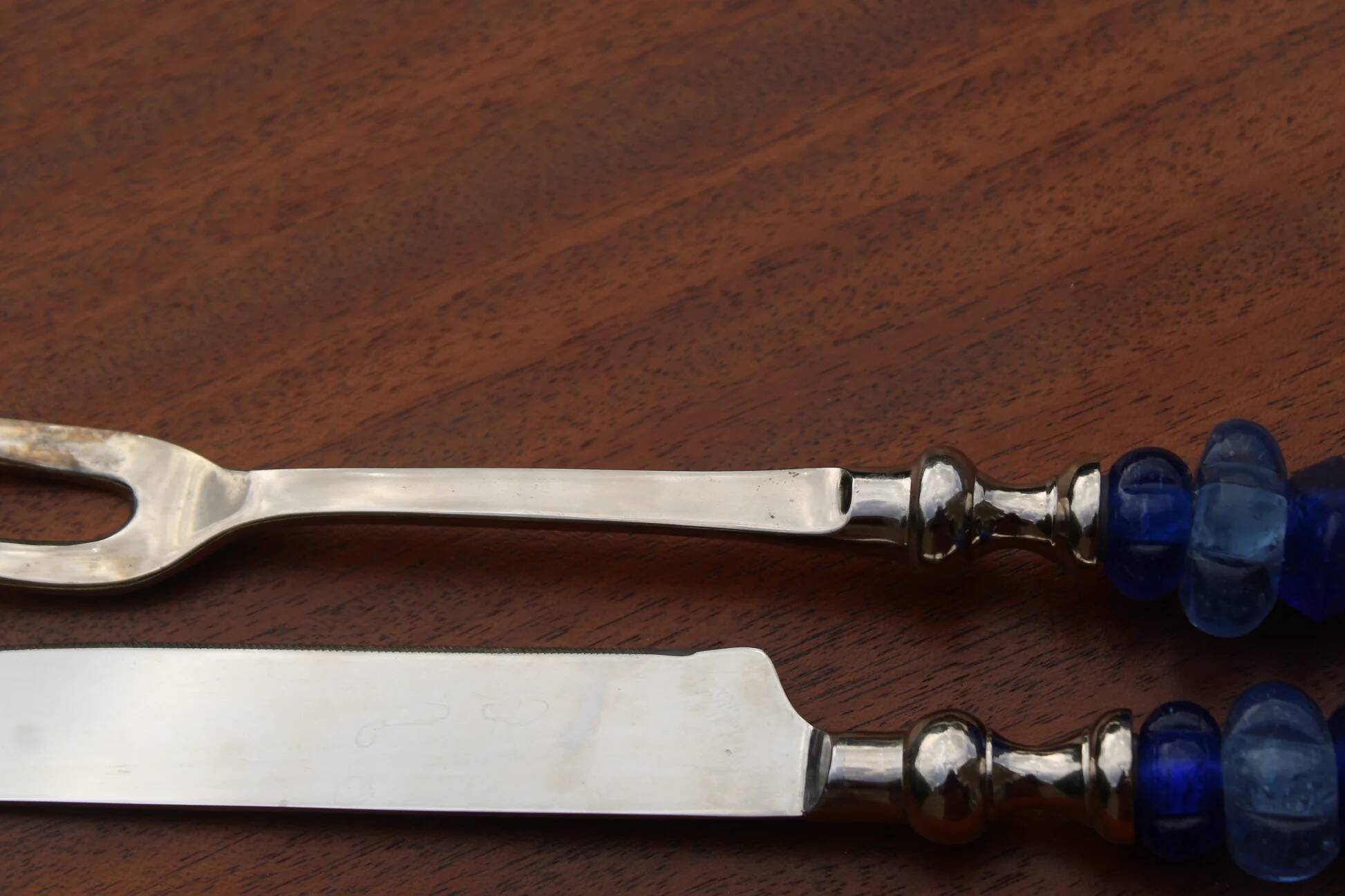 Vintage carving set knife and fork – handles made of blue glass beads