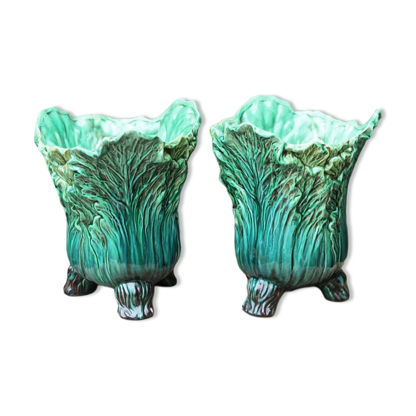 Pair of slip pot covers, cabbage leaves