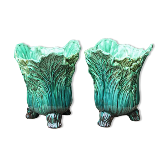 Pair of slip pot covers, cabbage leaves