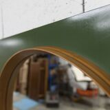 Unusual round wall mirror 60 cm teak edge on green rectangular board 1960.
