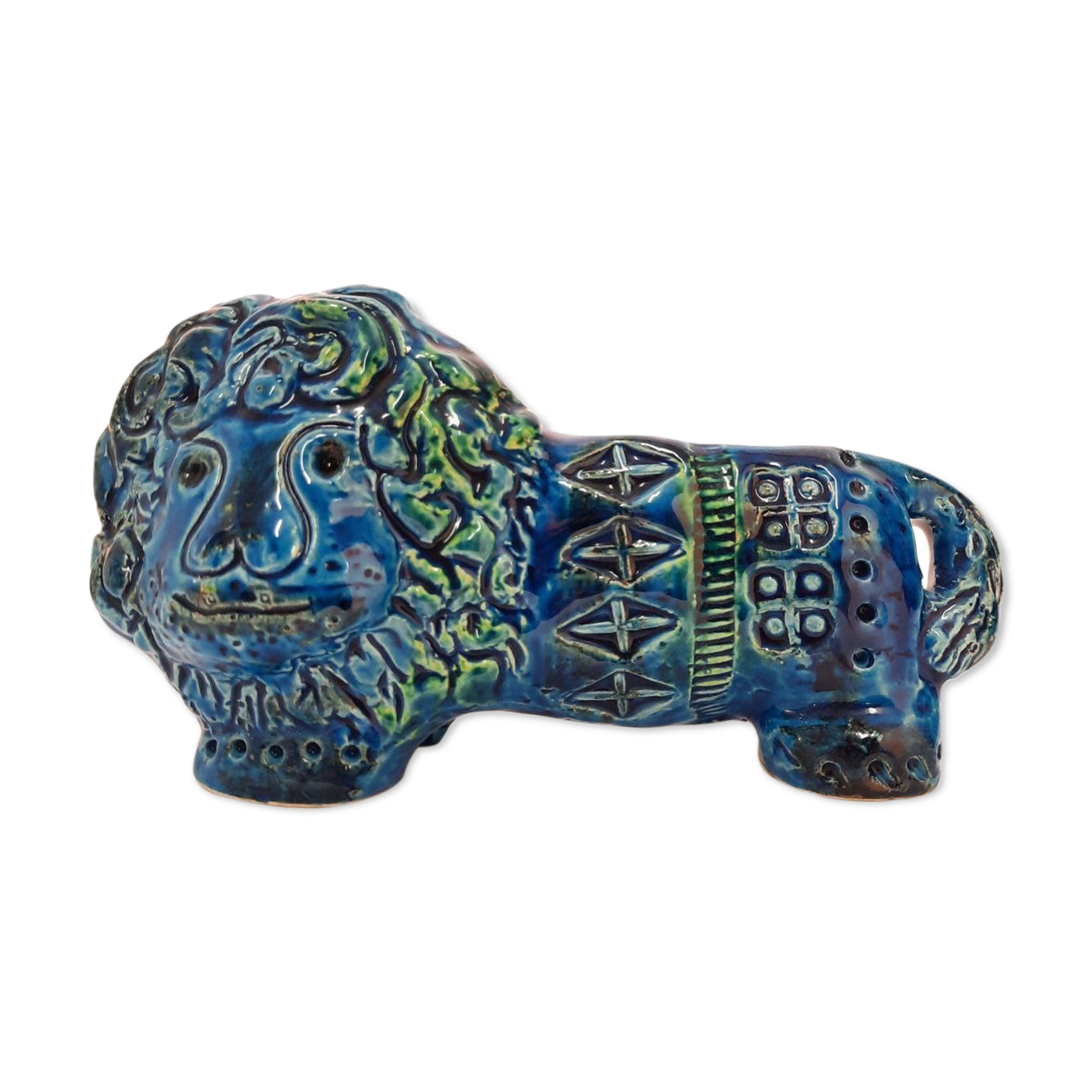 Vintage lion statue, Aldo Londi for Bitossi, Rimini blue series