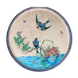 Round polychrome enamel dish with bird decoration circa 1900