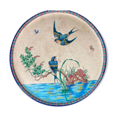 Round polychrome enamel dish with bird decoration circa 1900