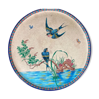 Round polychrome enamel dish with bird decoration circa 1900
