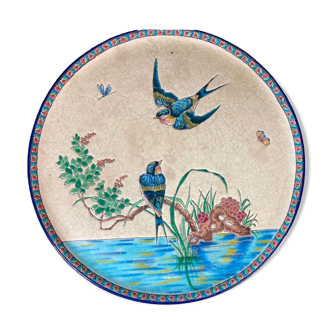 2212907 LONGWY, Round plate polychrome enamels bird decoration around 1900