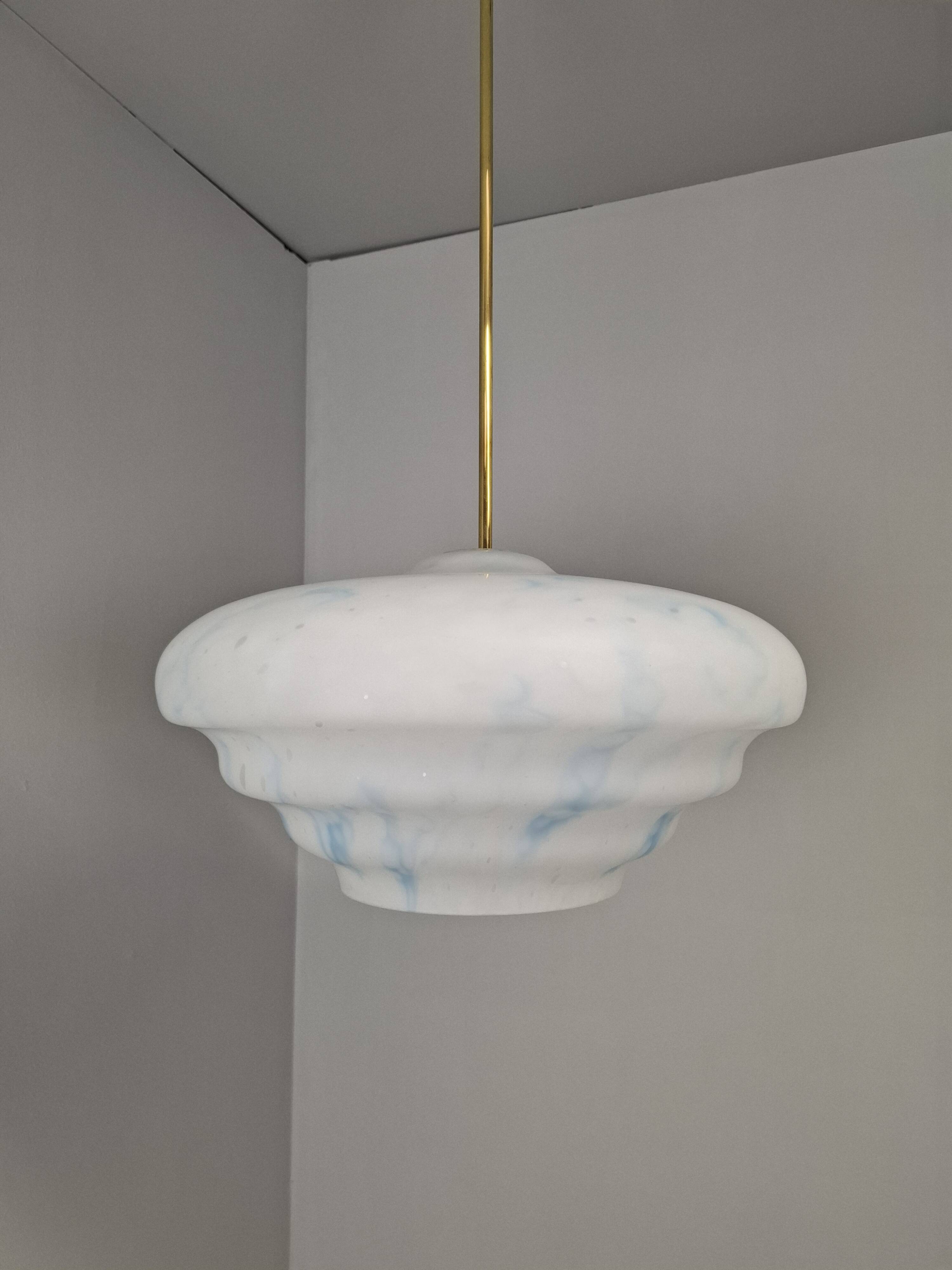 Napako Midcentury Modern Pendant Lamp in Opaline Glass and Brass, Czechoslovakia