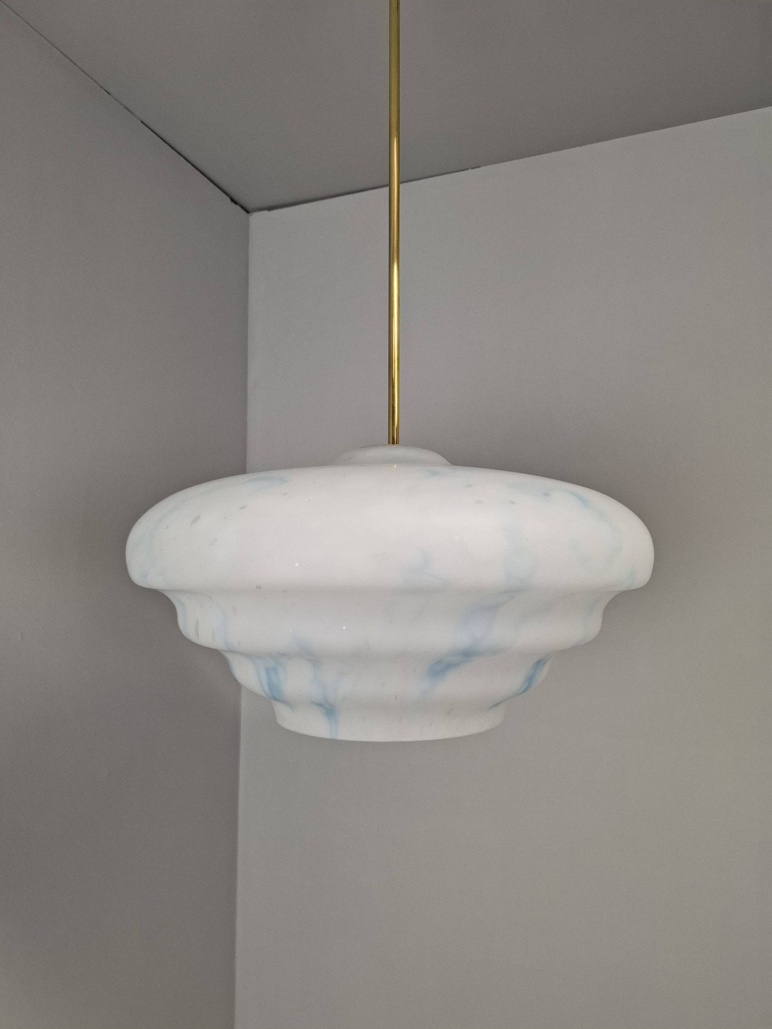 Napako Midcentury Modern Pendant Lamp in Opaline Glass and Brass, Czechoslovakia